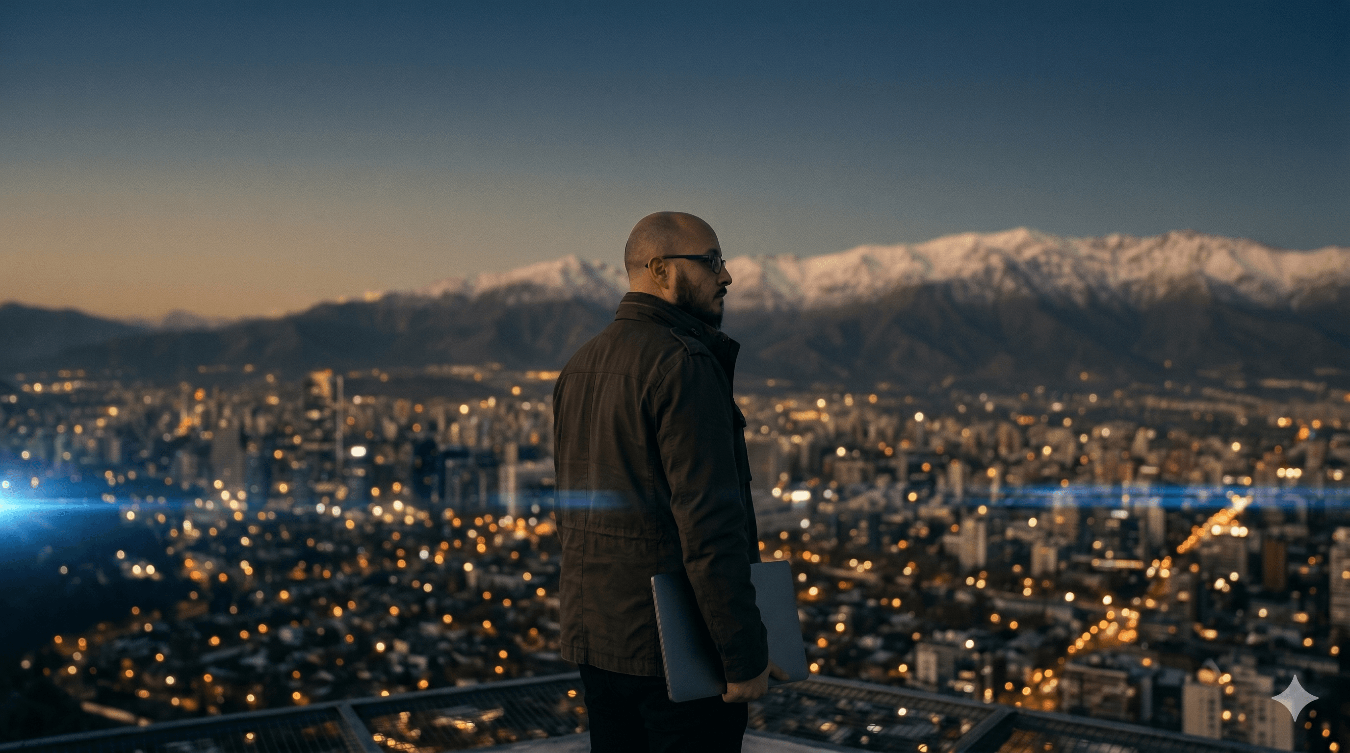 CEO de Gerentia mirando Santiago de Chile al atardecer con los Andes